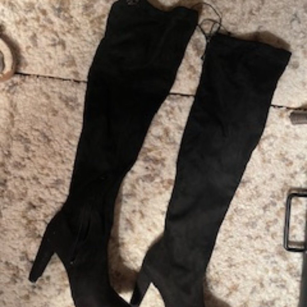 black suede high heel boots over the knee